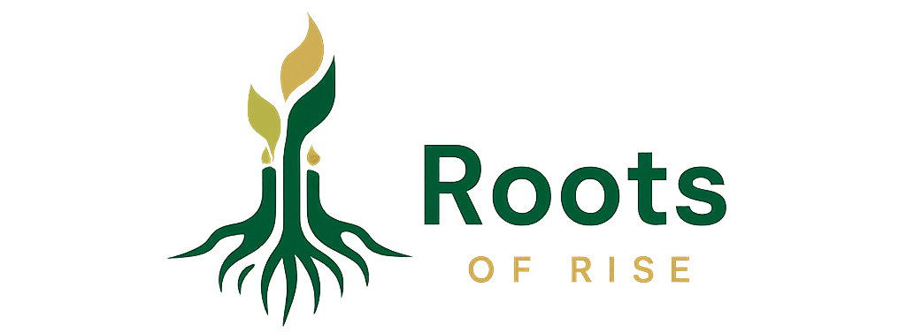 Roots of Rise nonprofit organization logo featuring a growing plant with roots symbolizing education, sustainability, and social impact